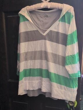 Style & Co. Green, Gray and White Striped Hooded Pullover